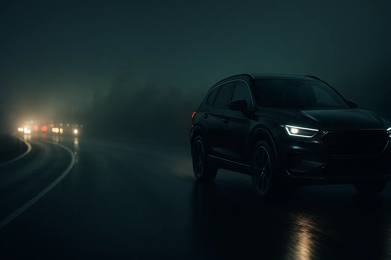 Дорога с подсветкой фар, динамичный кадр